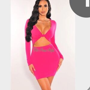 Hot Miami Styles Fuchsia V Neck Knotted Cut Out Long Sleeve Dress